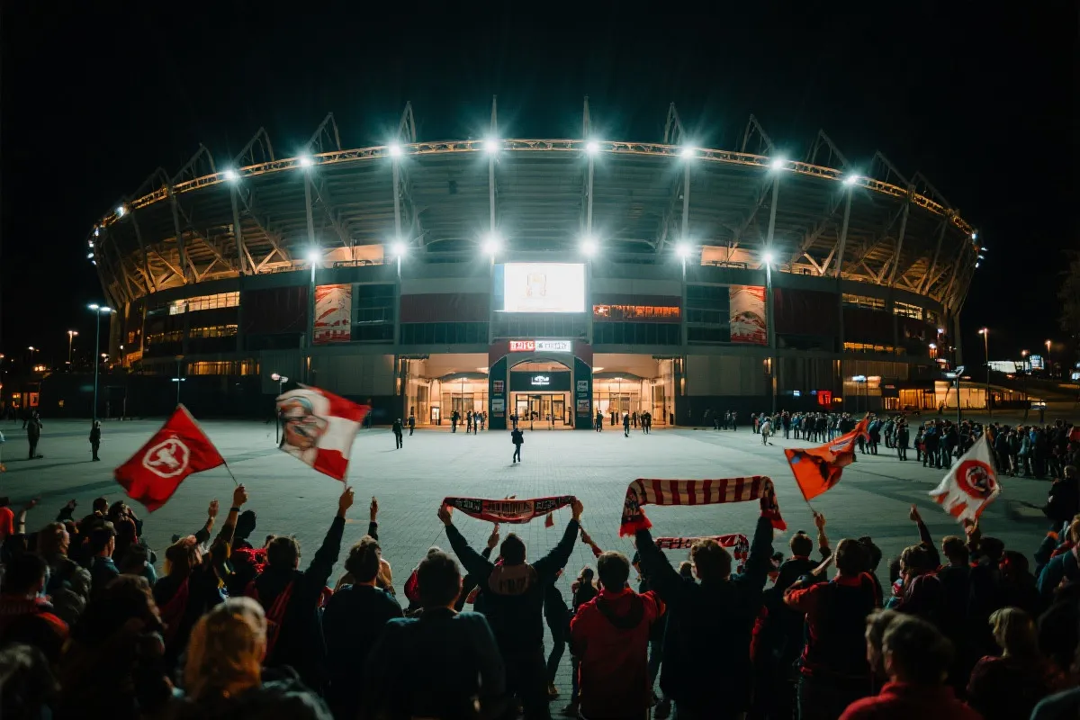 傍晚球场外的球迷集结与灯光照亮的入口通道氛围